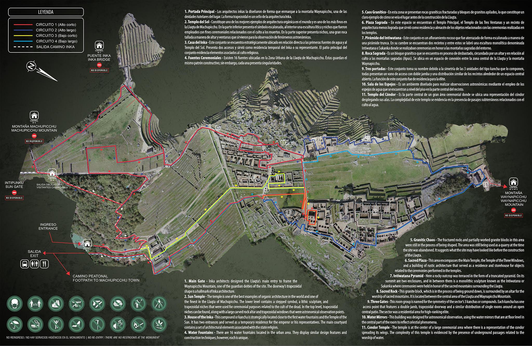 Map of itineraries in Machu Picchu